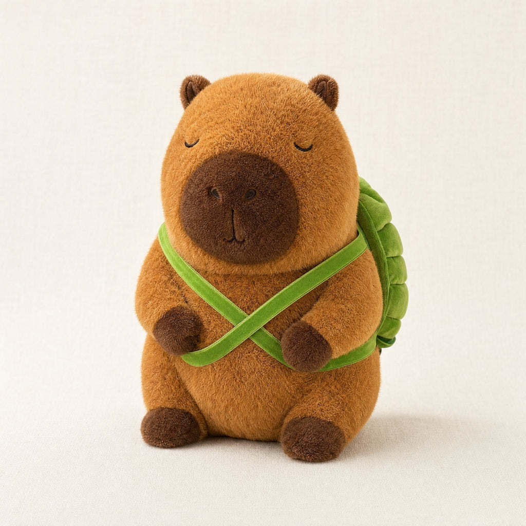 Peluche capybara marron avec sac à dos tortue vert, vue de face sur fond crème