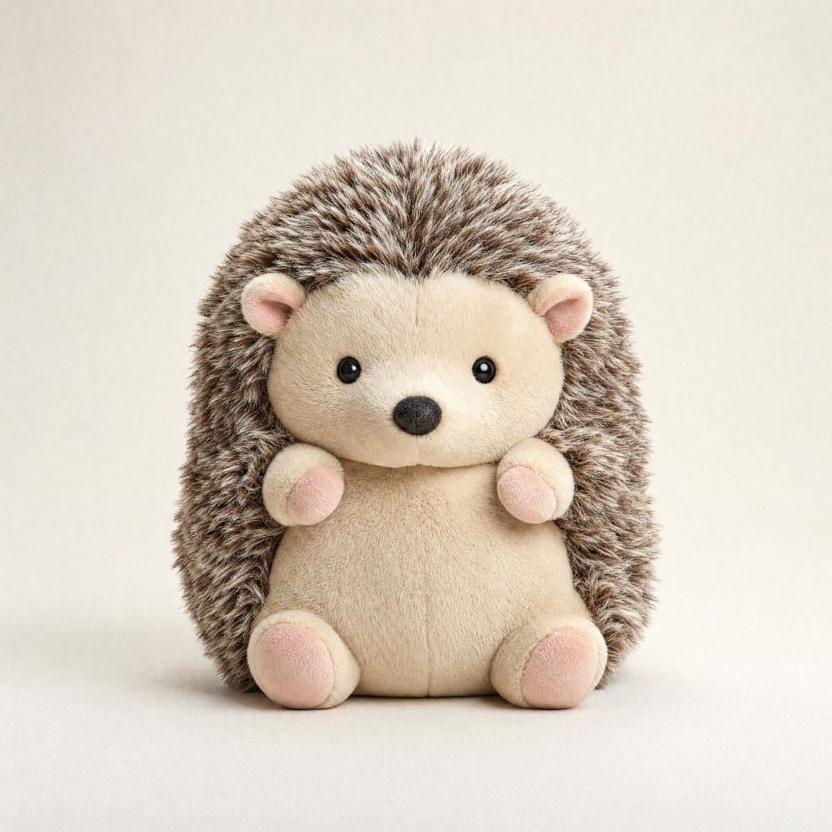 Peluche hérisson beige et marron assise, vue de face sur fond crème