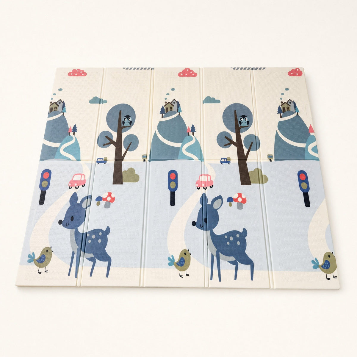 Tapis de jeu bébé pliable et réversible biche et Good morning, vu en entier sur fond clair