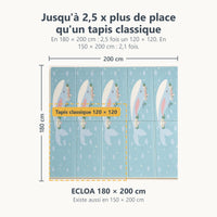 Tapis de jeu ECLOA baleine et football de 180 × 200 cm comparé à un tapis classique de 120 × 120 cm à la même échelle