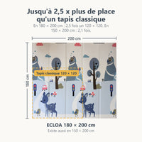 Tapis de jeu ECLOA biche et Good morning de 180 × 200 cm comparé à un tapis classique de 120 × 120 cm à la même échelle