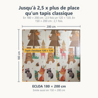 Tapis de jeu ECLOA renard et biches de 180 × 200 cm comparé à un tapis classique de 120 × 120 cm à la même échelle