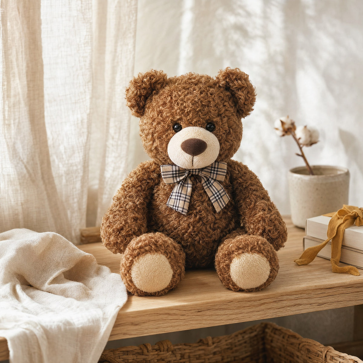 Ours en peluche nœud papillon posé dans une chambre de bébé