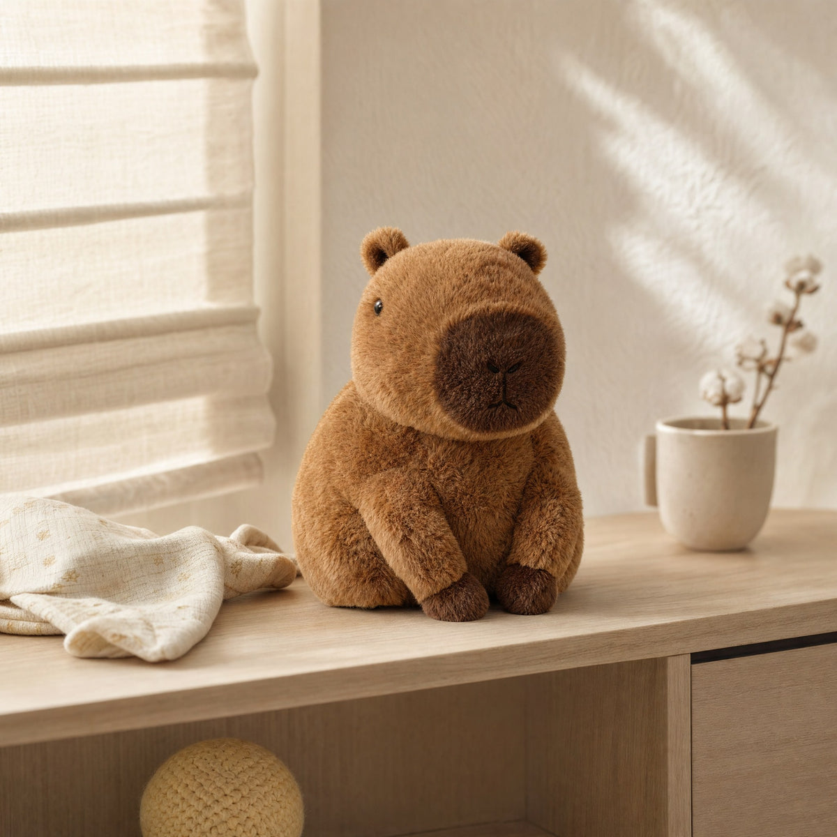 Peluche capybara douce posée sur une commode dans une chambre de bébé