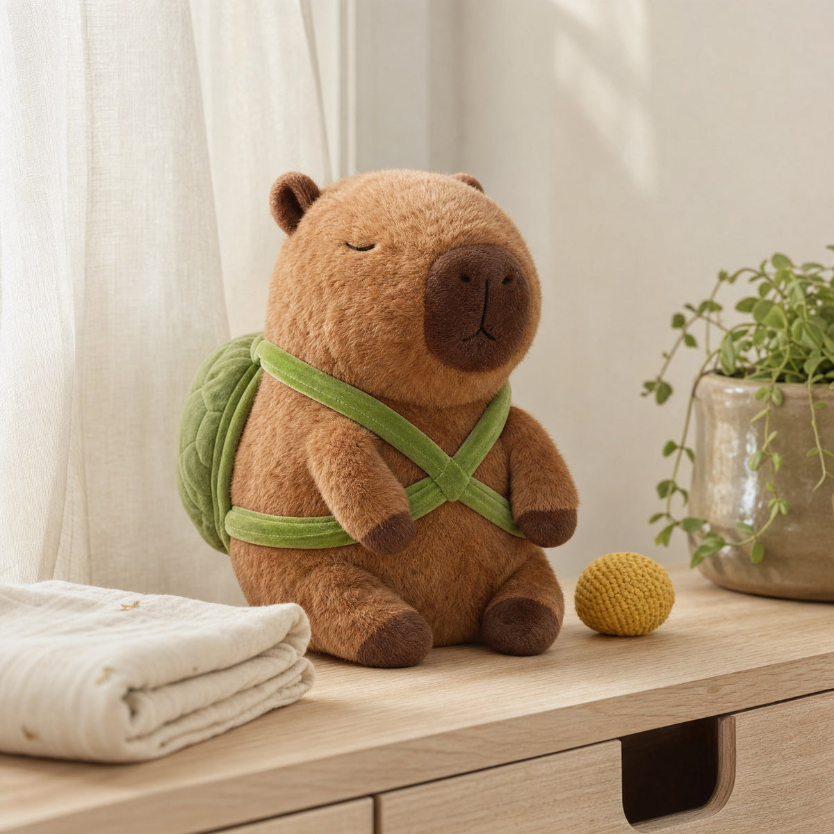 Peluche capybara sac à dos tortue posée sur une commode dans une chambre de bébé