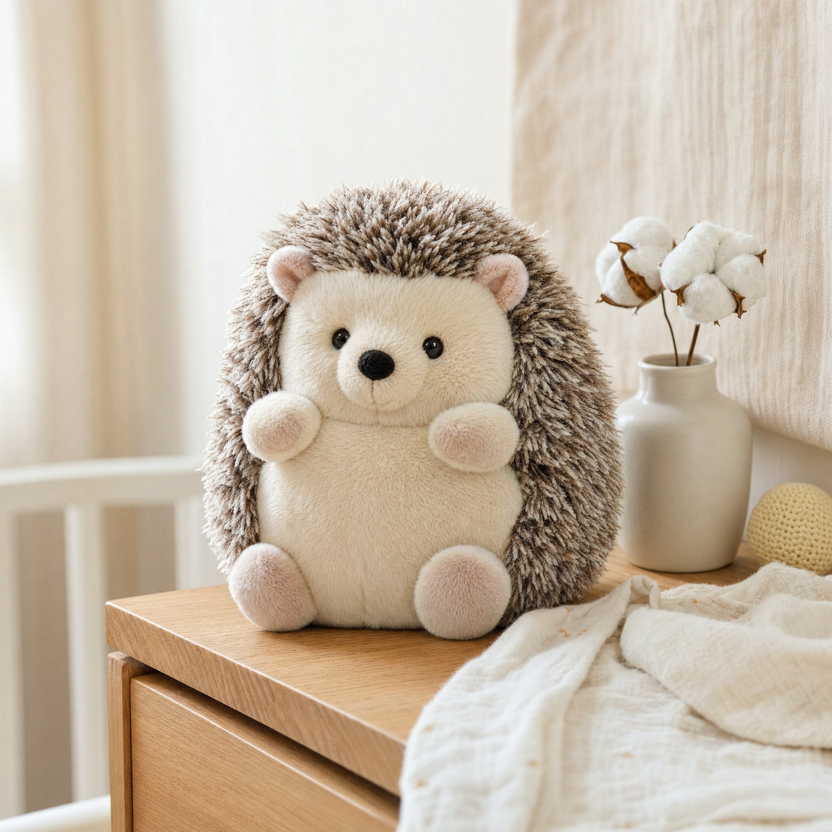 Peluche hérisson posée sur une commode dans une chambre de bébé
