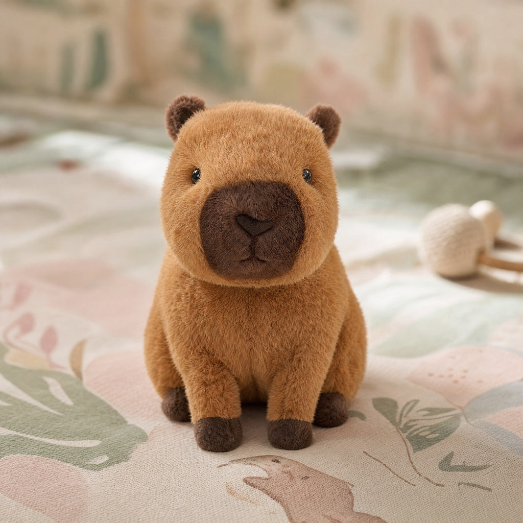 Peluche capybara posée sur un tapis de jeu bébé
