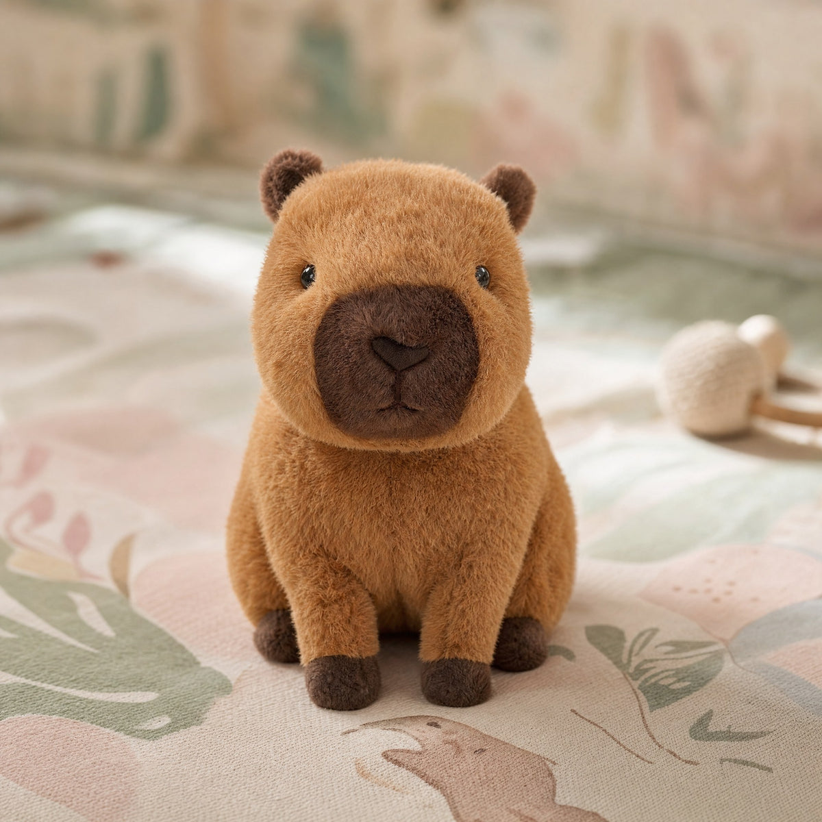 Peluche capybara posée sur un tapis de jeu bébé
