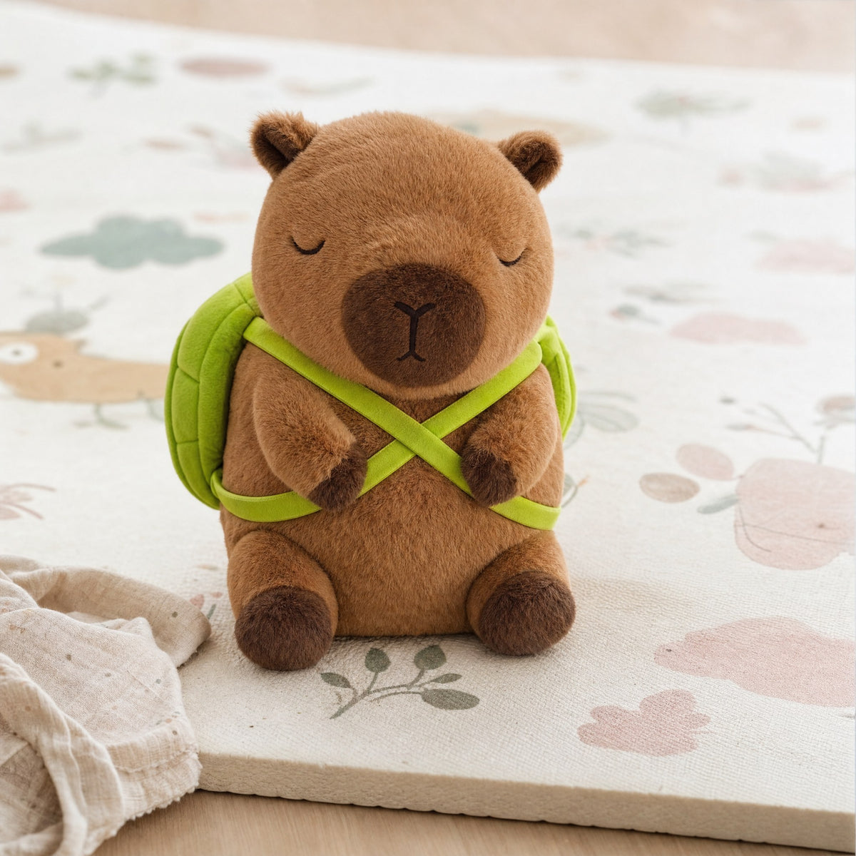 Peluche capybara avec sac tortue posée sur un tapis de jeu bébé