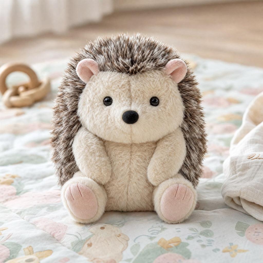 Peluche hérisson posée sur un tapis de jeu bébé