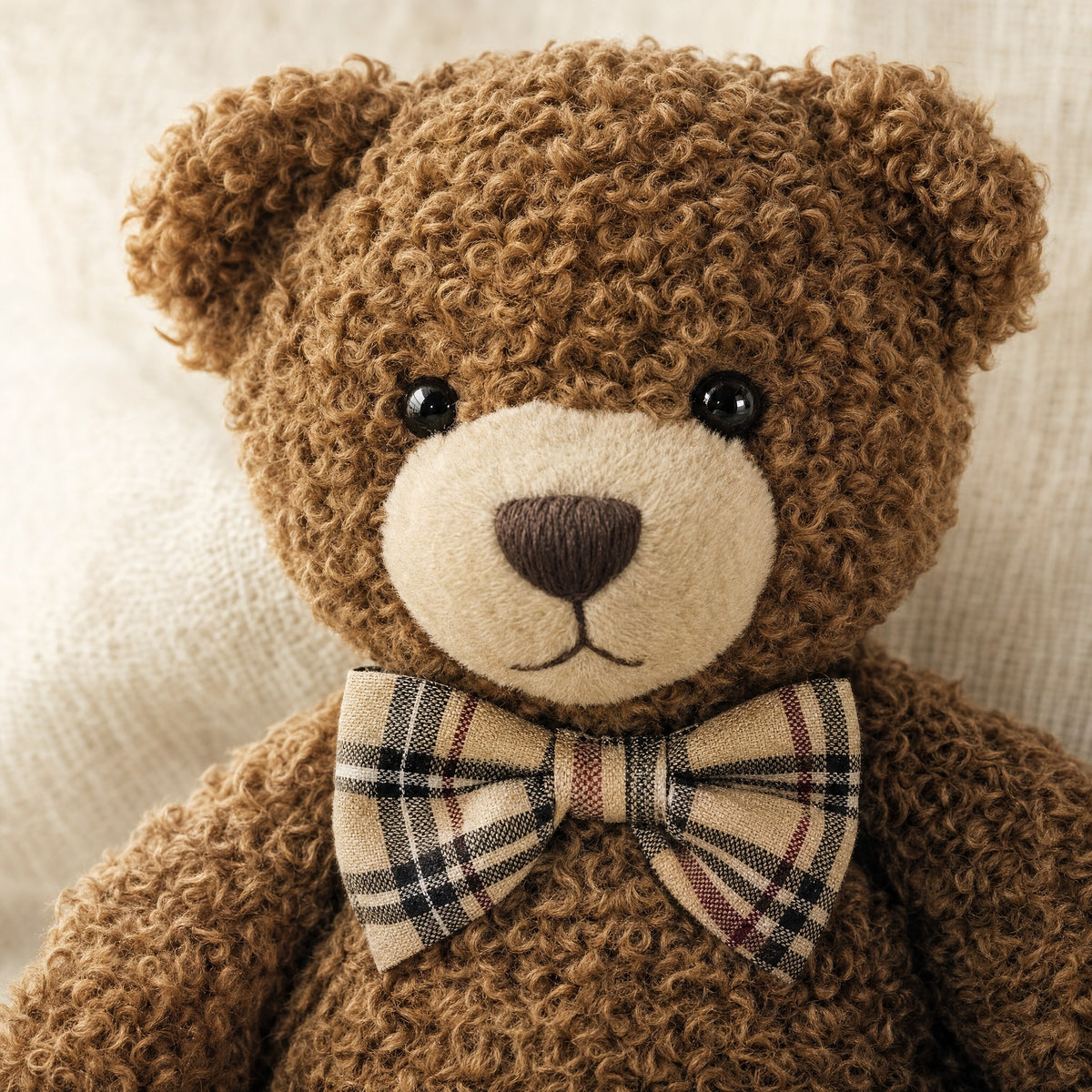 Gros plan sur la fourrure bouclée et le nœud papillon de l'ours en peluche