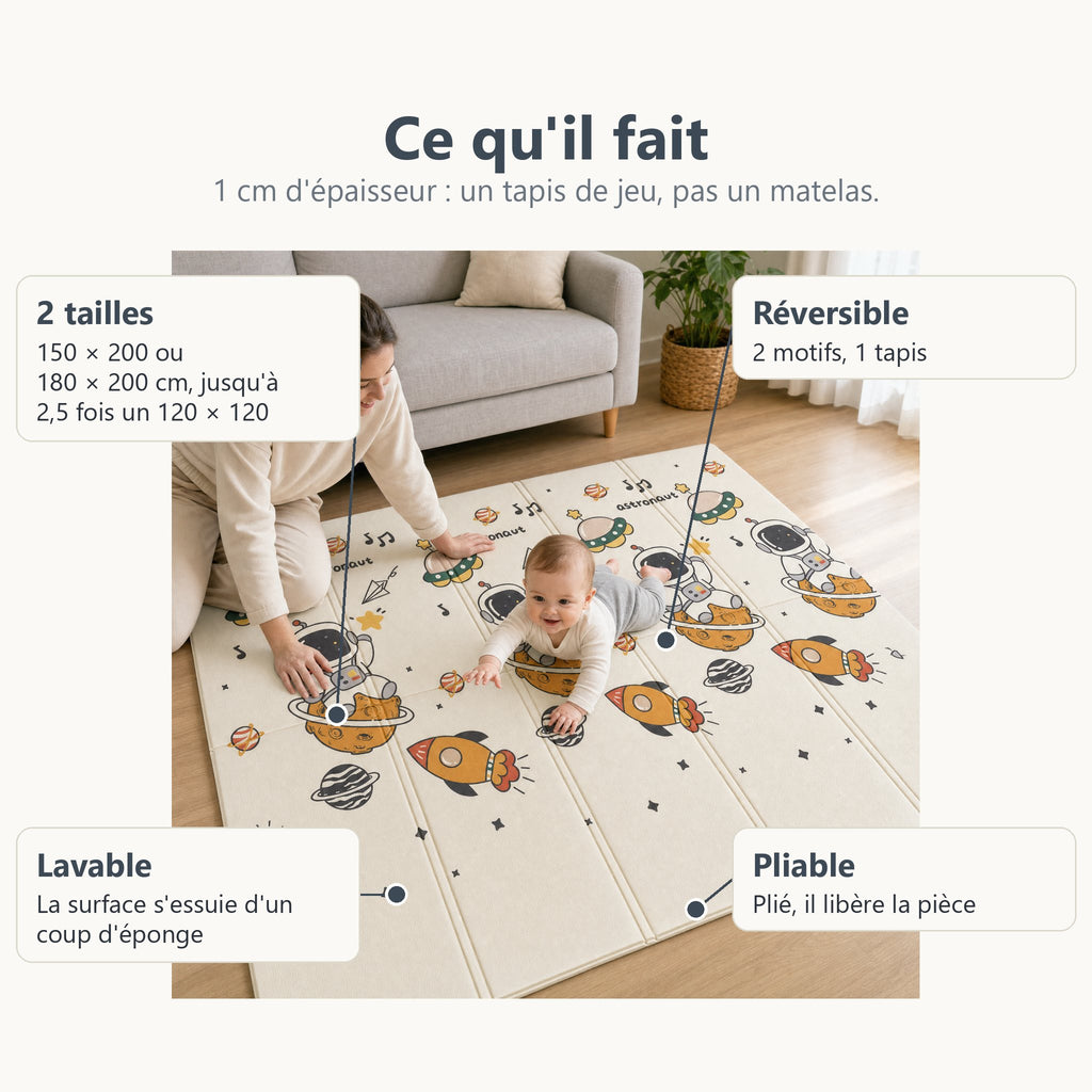 Tapis de jeu astronaute et planètes : deux tailles, réversible, lavable et pliable
