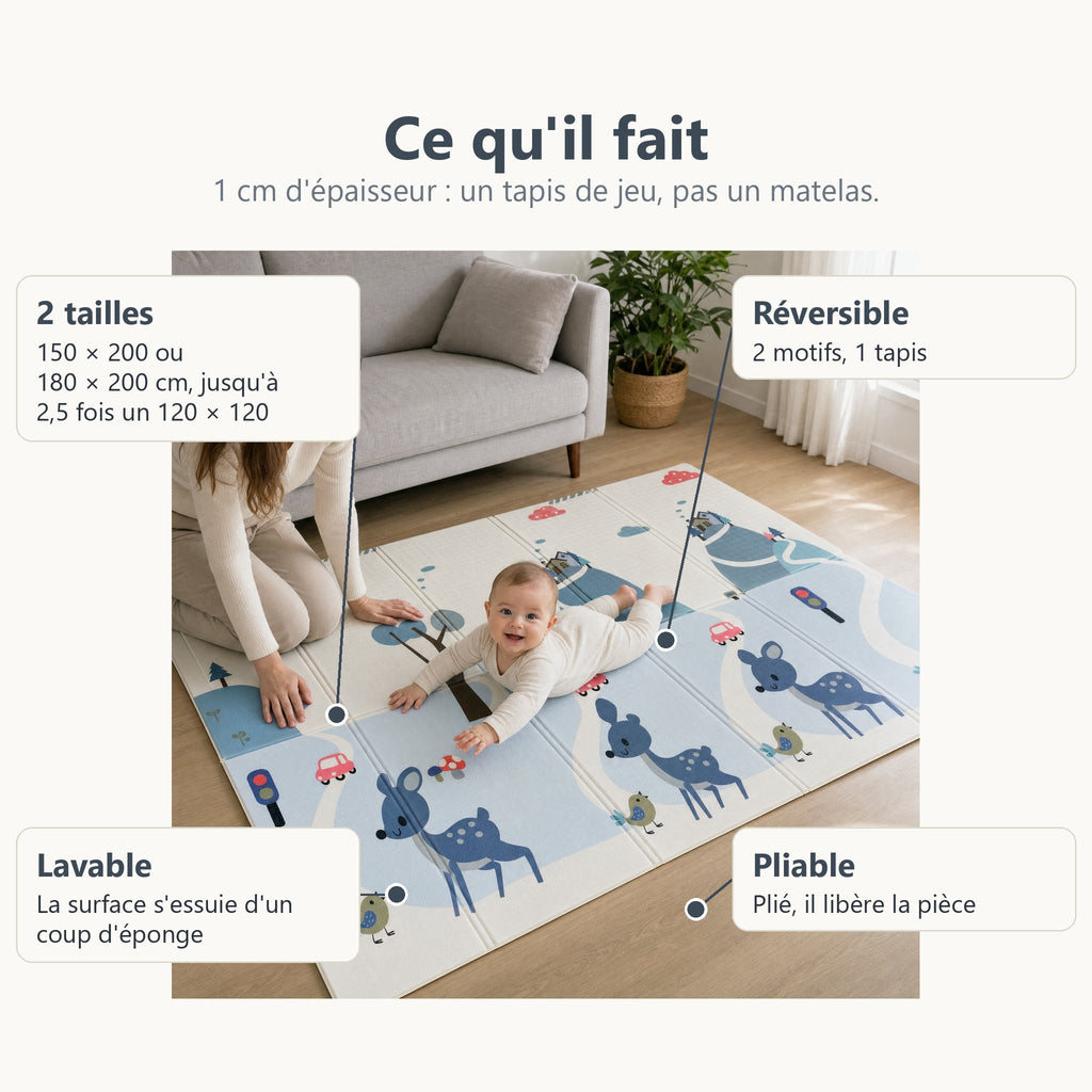 Tapis de jeu biche et Good morning : deux tailles, réversible, lavable et pliable