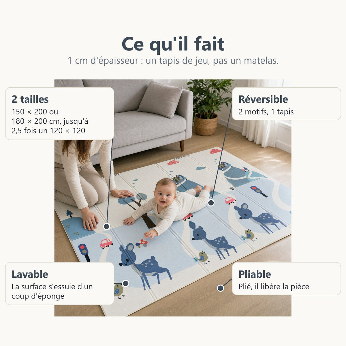 Tapis de jeu biche et Good morning : deux tailles, réversible, lavable et pliable