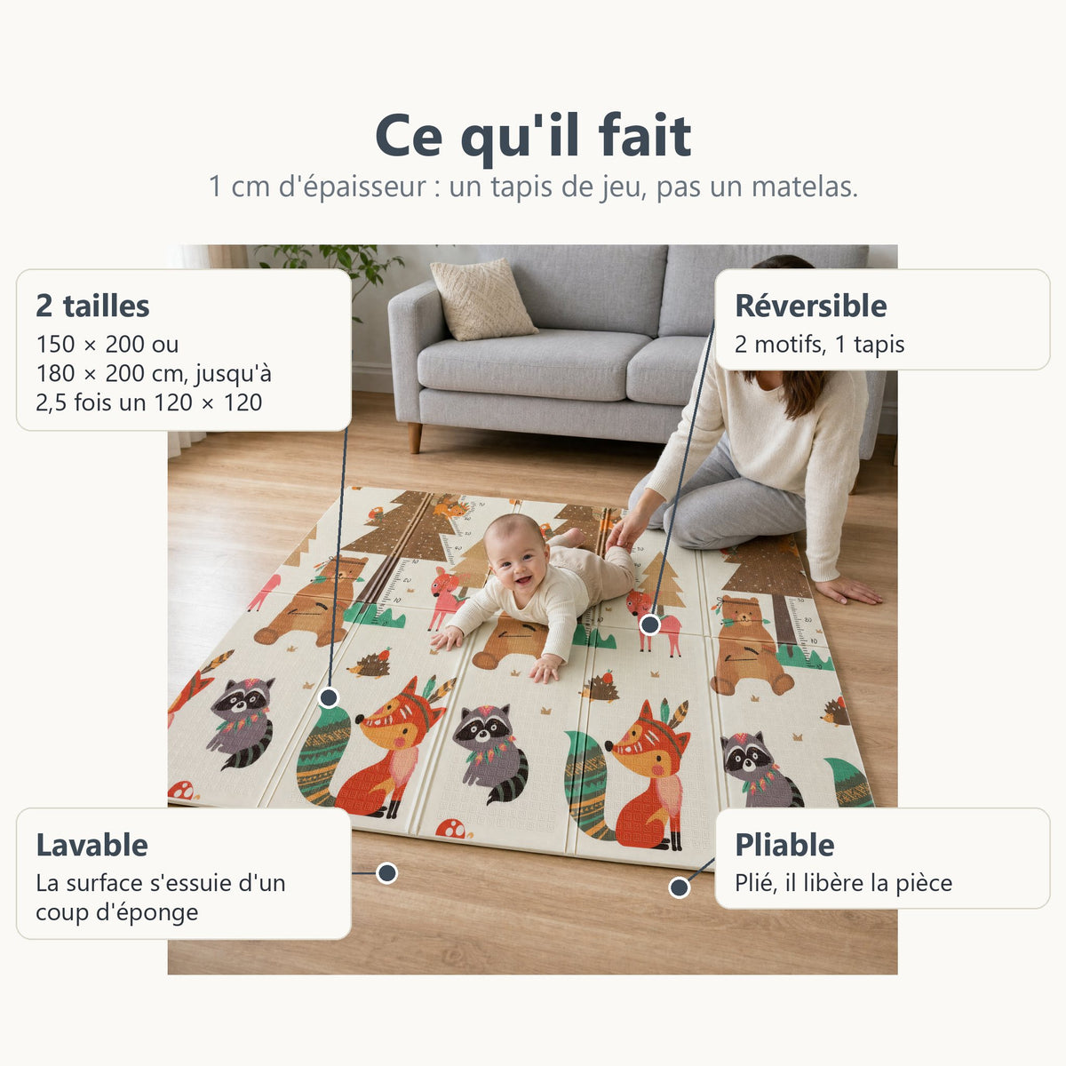 Tapis de jeu renard et biches : deux tailles, réversible, lavable et pliable