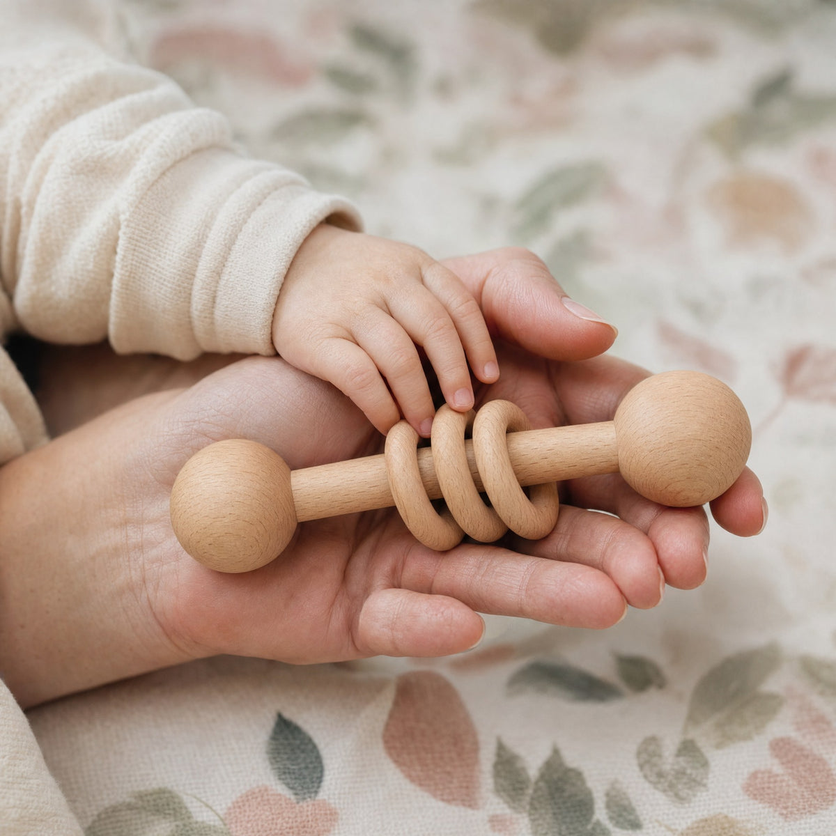 Bébé tenant le hochet en bois avec la main d'un parent