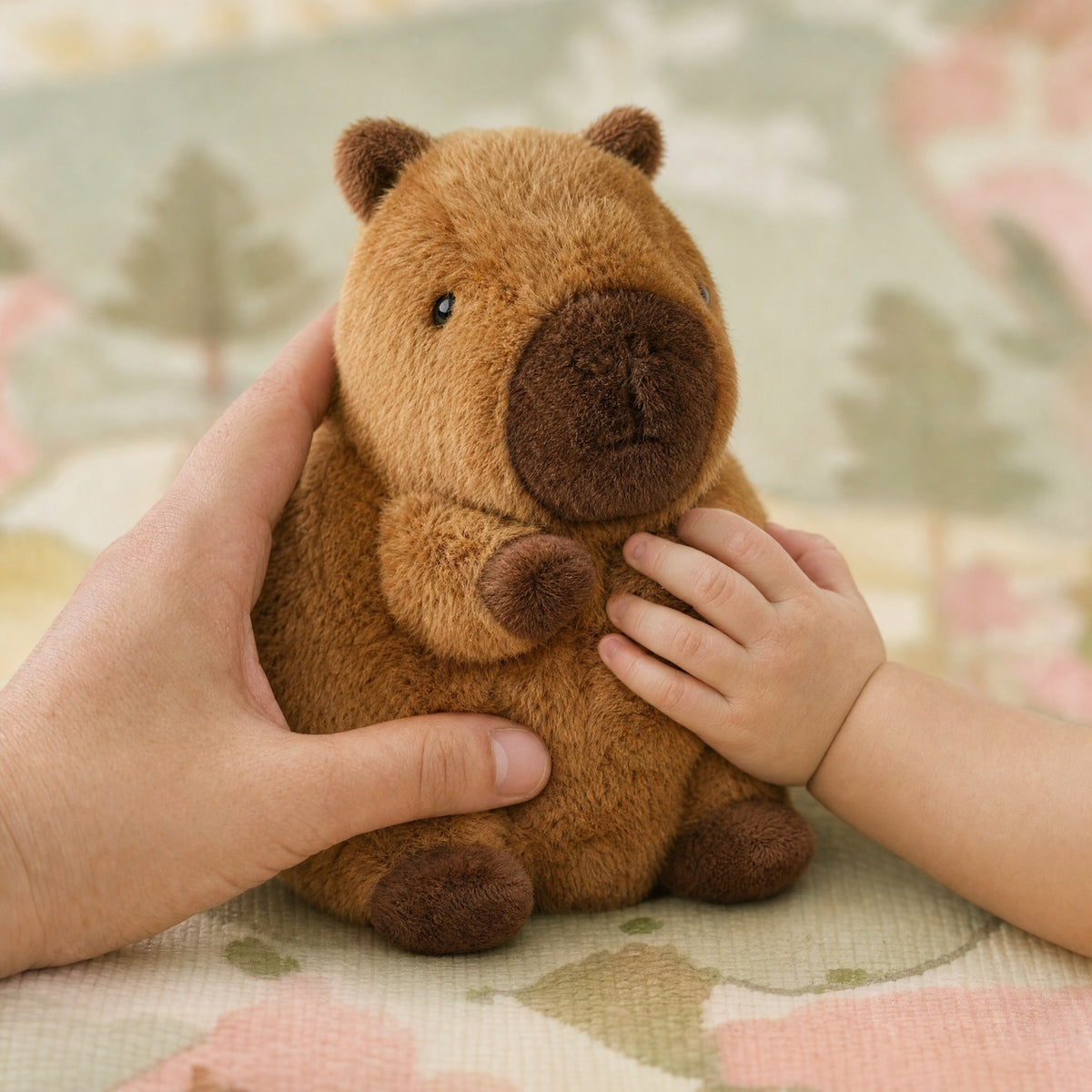 Main d'un parent et d'un bébé caressant la peluche capybara