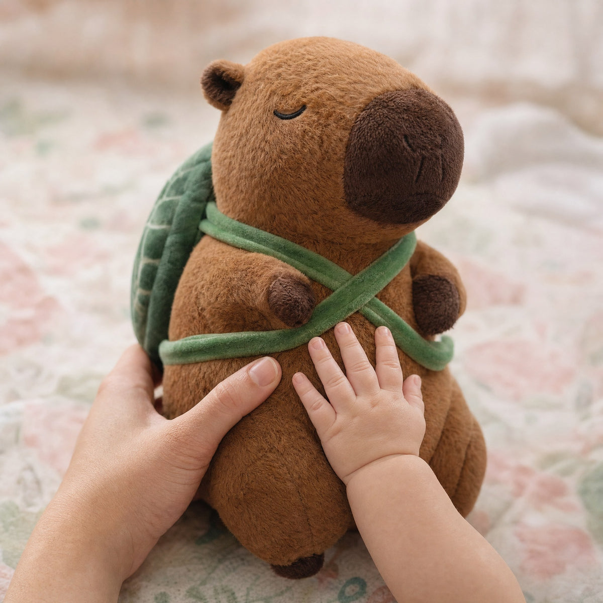 Main d'un parent et d'un bébé tenant la peluche capybara sac à dos tortue