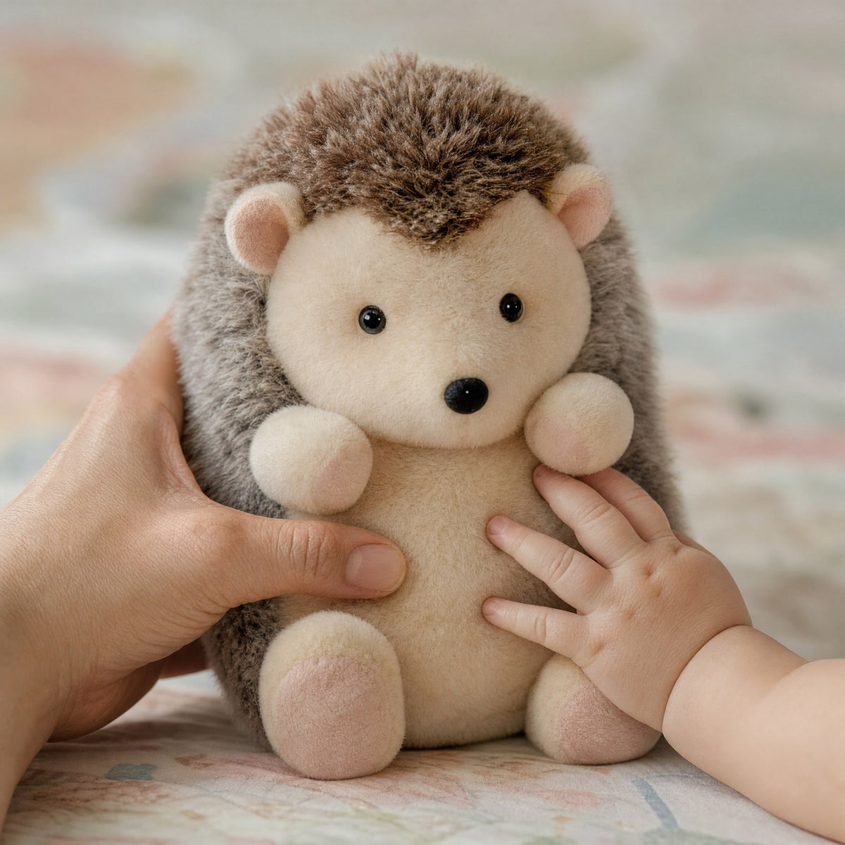 Main d'un parent et d'un bébé caressant la peluche hérisson