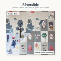 Tapis de jeu réversible biche et Good morning vu du dessus, coupé en diagonale entre le recto et le verso