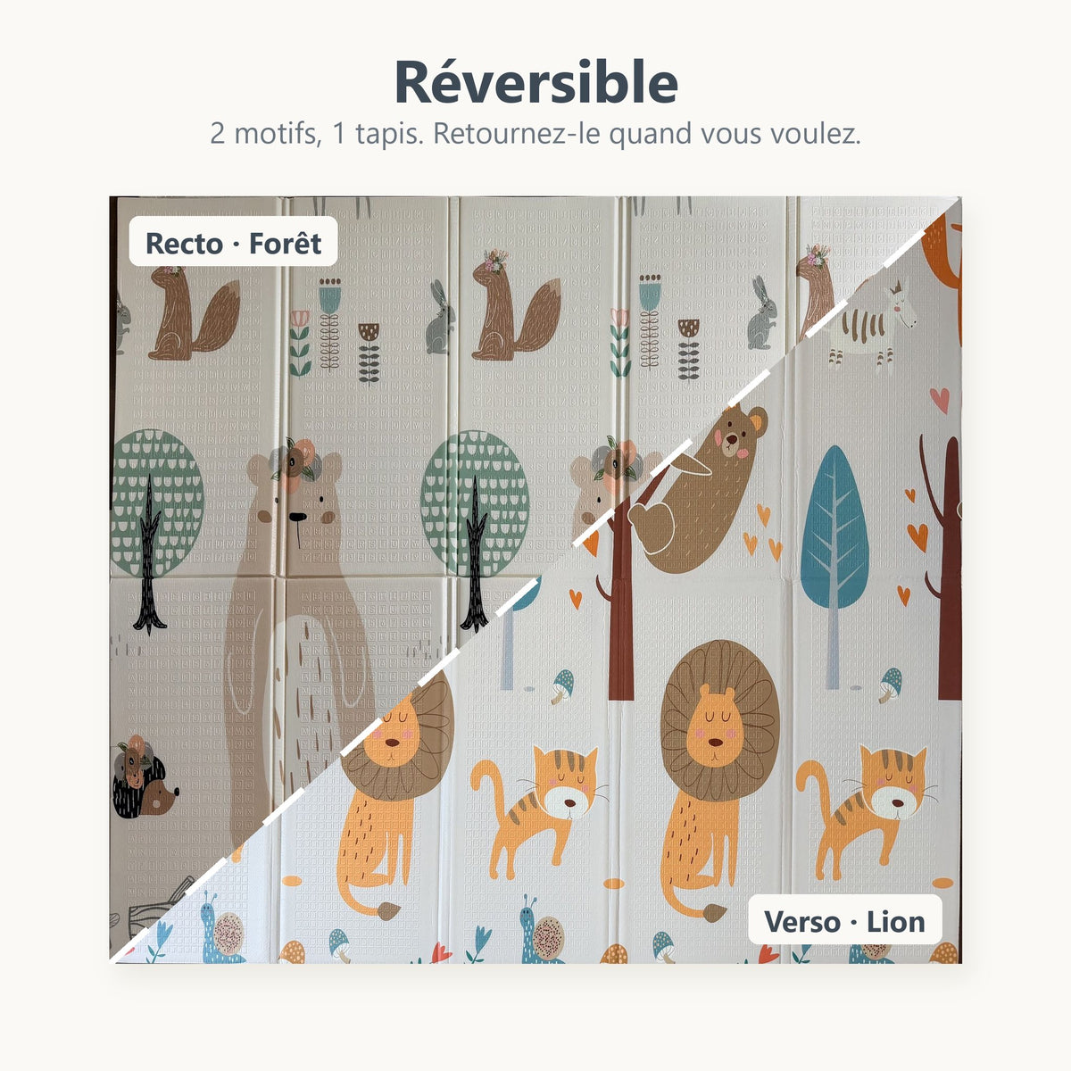 Tapis de jeu réversible forêt et lion : la face recto et la face verso