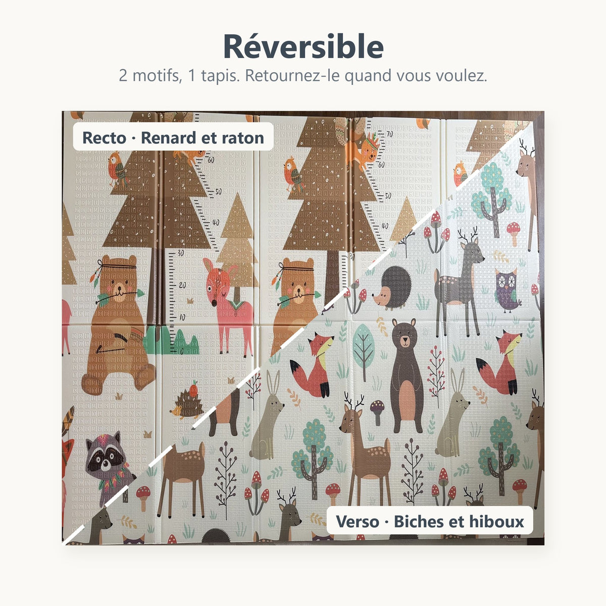 Tapis de jeu réversible renard et biches vu du dessus, coupé en diagonale entre le recto et le verso