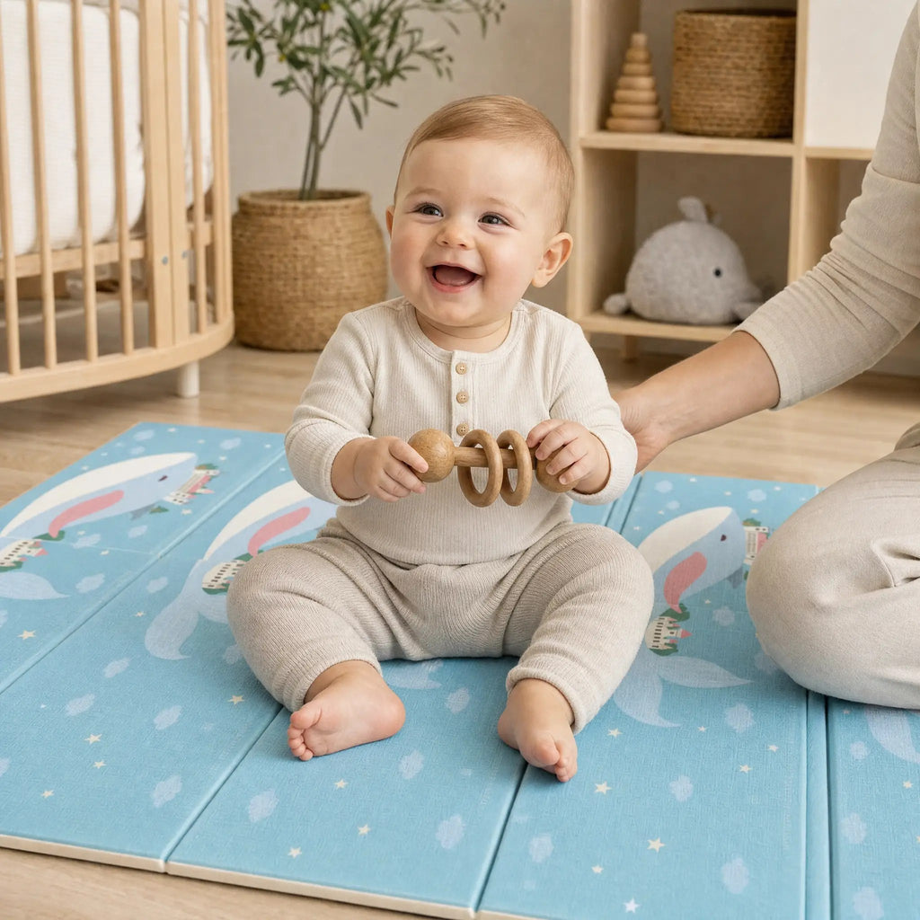 Bébé qui rit en secouant le hochet en bois à anneaux sur le tapis de jeu ECLOA Baleine