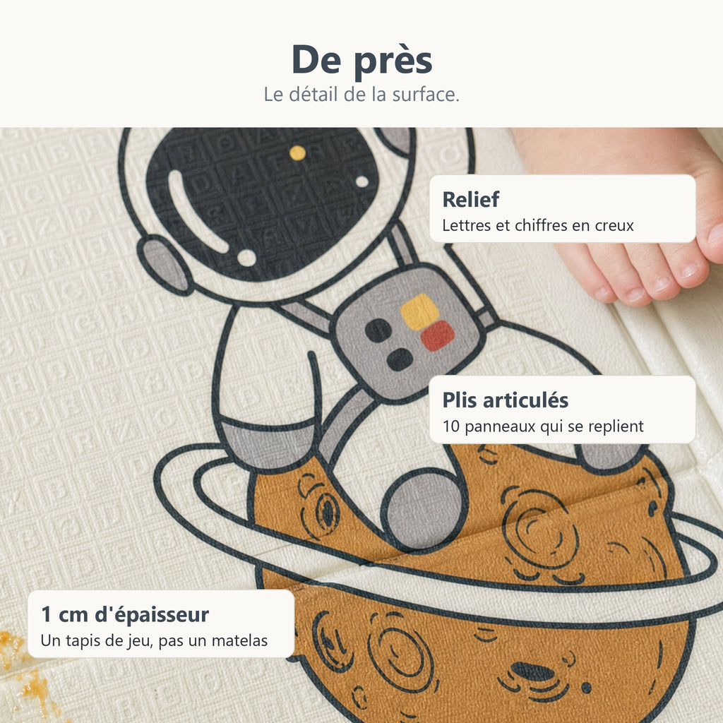Gros plan sur le relief de lettres et de chiffres et les plis du tapis de jeu astronaute et planètes