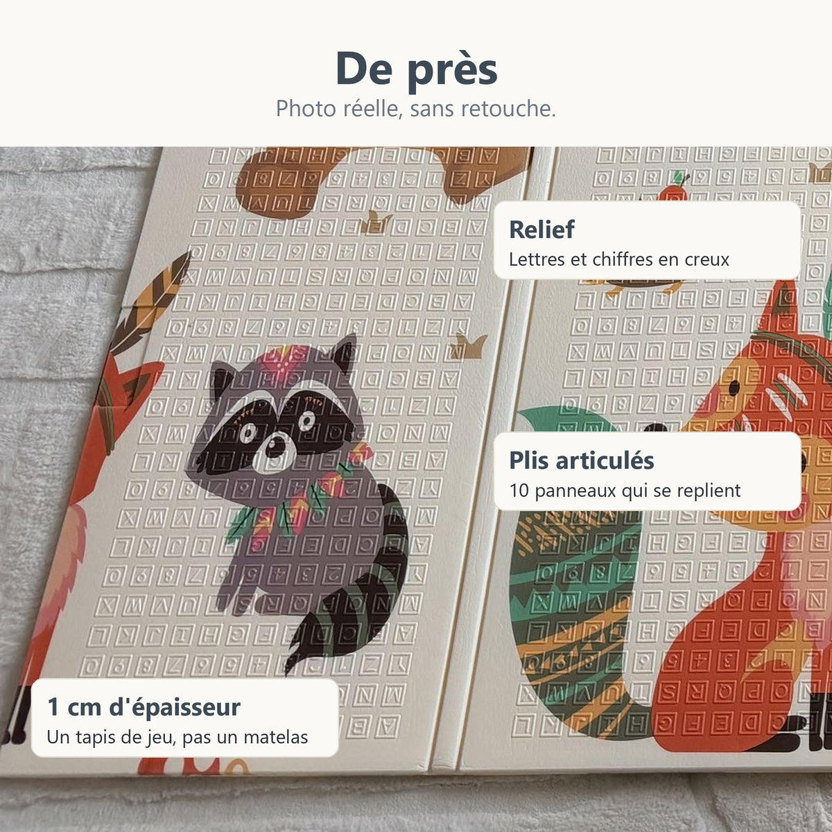 Gros plan sur le relief de lettres et de chiffres et les plis du tapis de jeu renard et biches