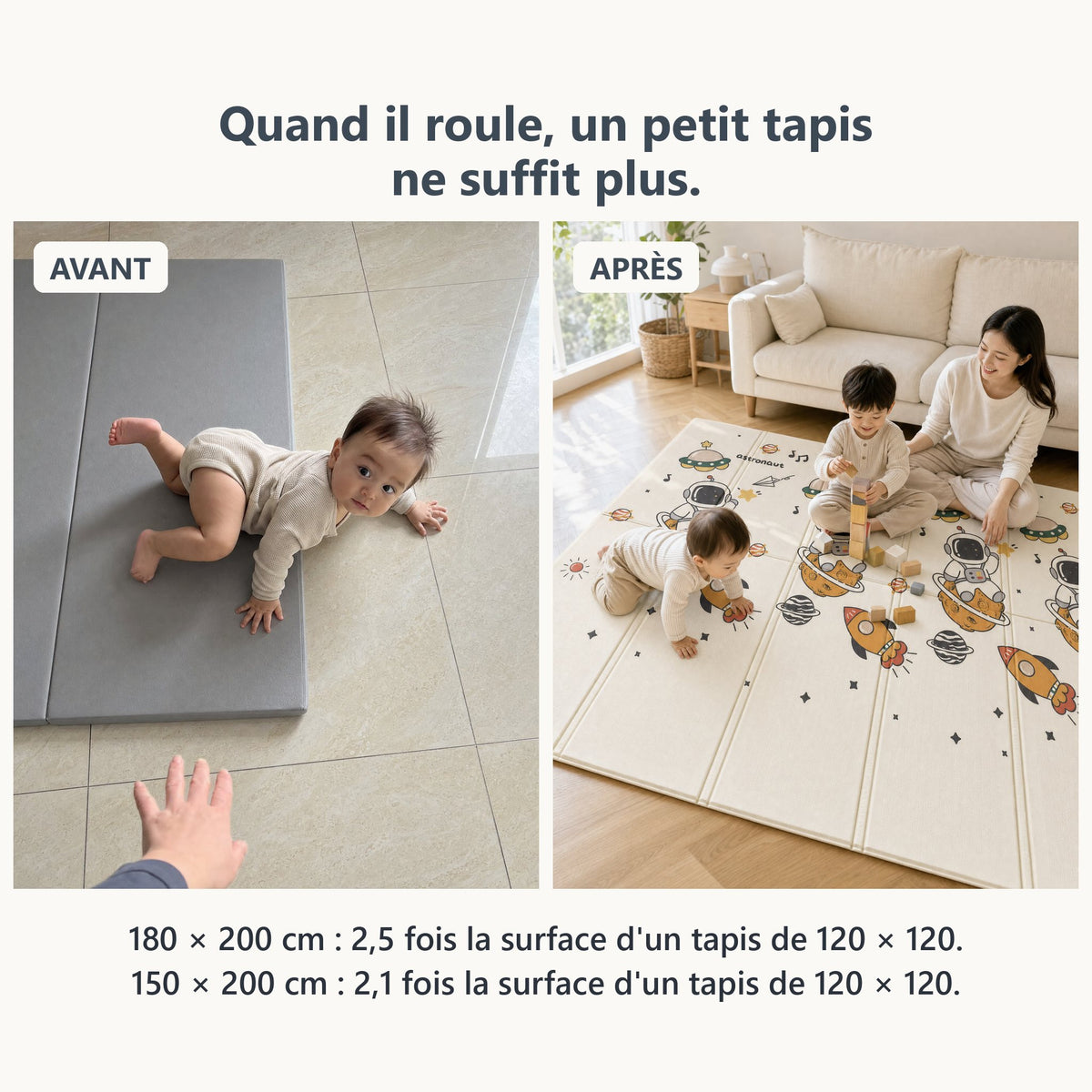 Avant, bébé sur un petit tapis ; après, des enfants qui jouent sur le grand tapis de jeu astronaute et planètes