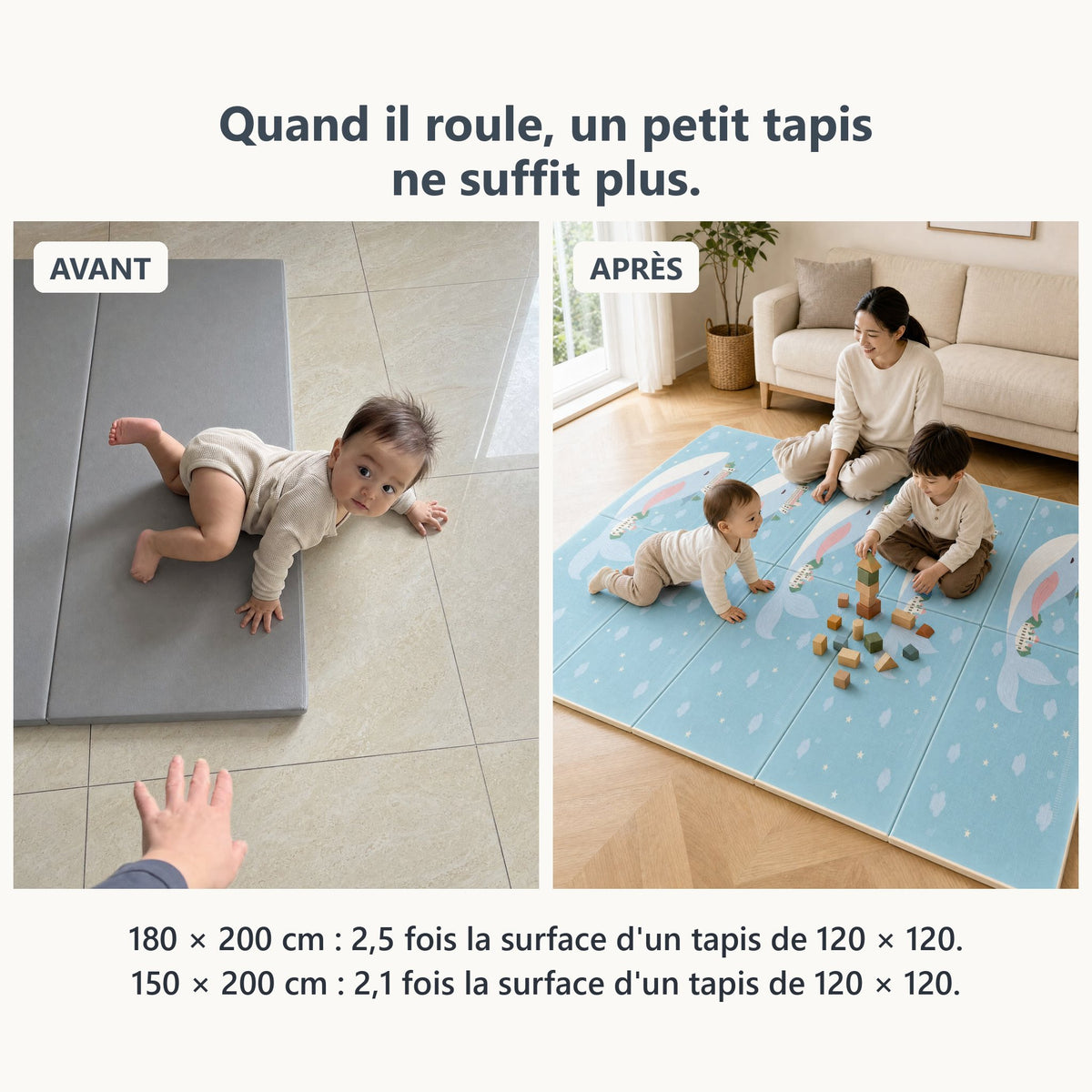 Avant, bébé sur un petit tapis ; après, des enfants qui jouent sur le grand tapis de jeu baleine et football