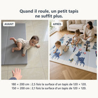 Avant, bébé sur un petit tapis ; après, des enfants qui jouent sur le grand tapis de jeu biche et Good morning