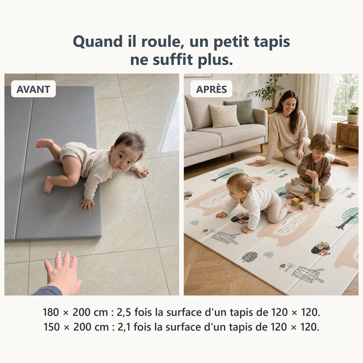 Avant, bébé sur un petit tapis ; après, le grand tapis de jeu forêt et lion
