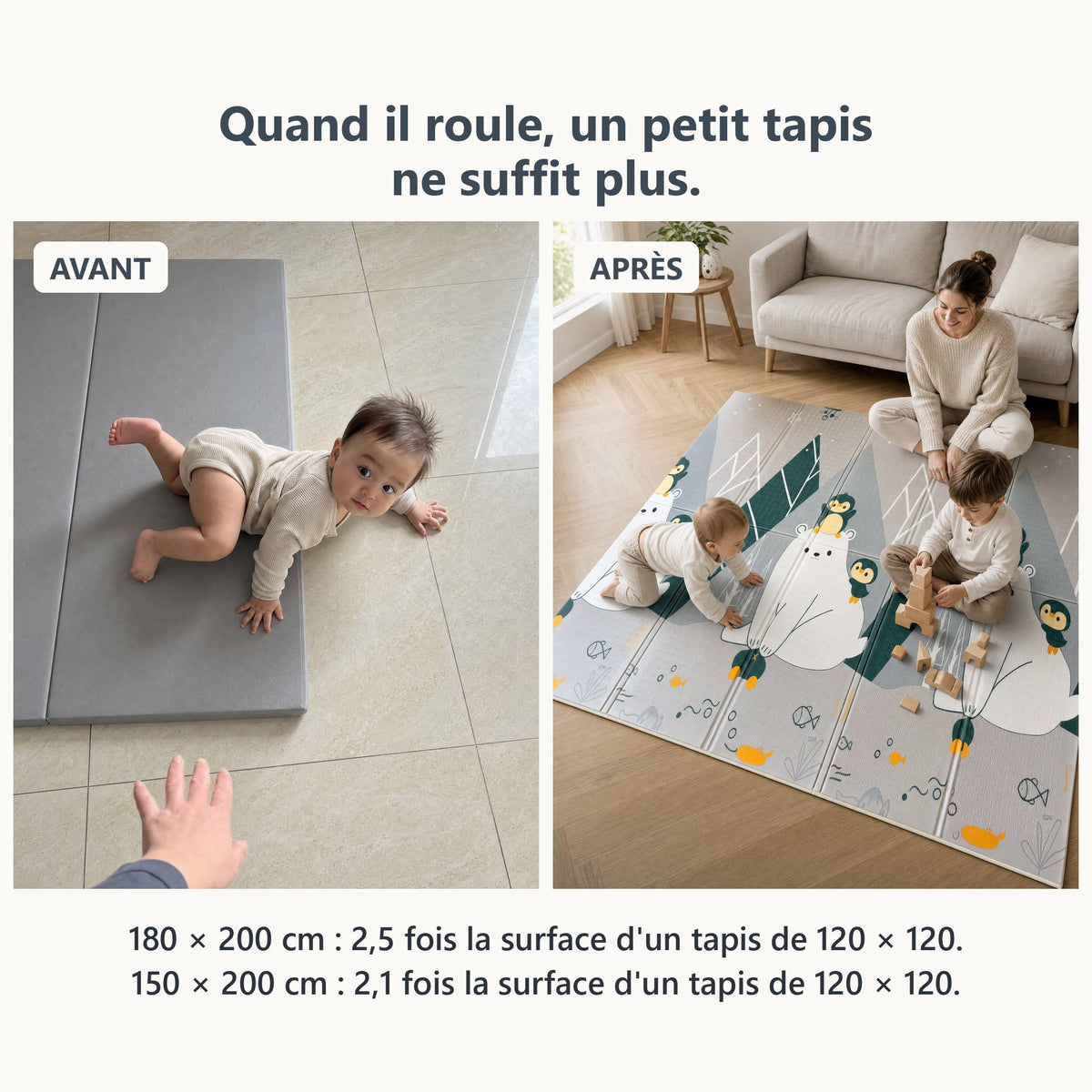 Avant, bébé sur un petit tapis ; après, le grand tapis de jeu ours polaires et alphabet