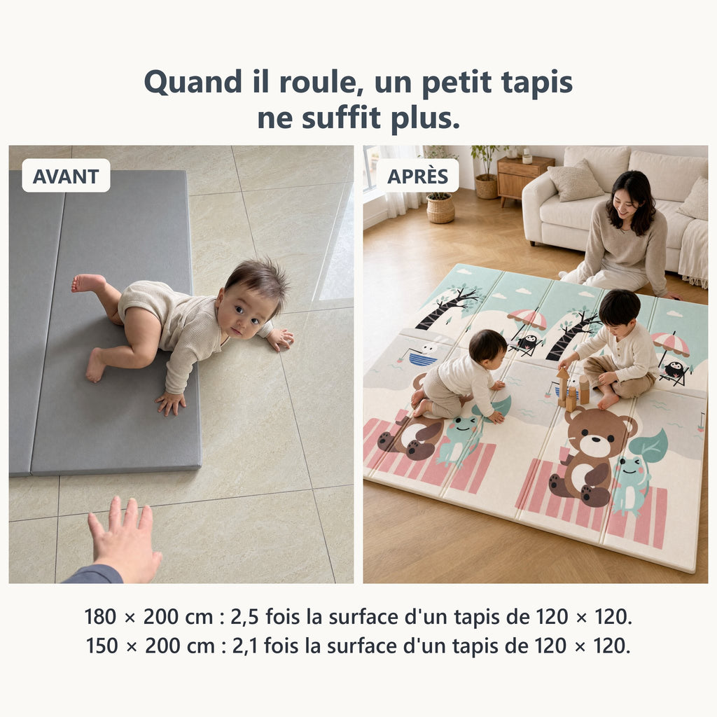 Avant, bébé sur un petit tapis ; après, des enfants qui jouent sur le grand tapis de jeu pique-nique et petit train