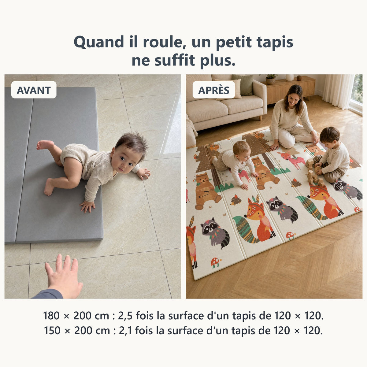 Avant, bébé sur un petit tapis ; après, des enfants qui jouent sur le grand tapis de jeu renard et biches
