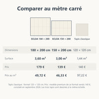 Comparaison des surfaces et des prix au mètre carré de deux tapis ECLOA et d'un tapis classique