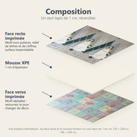 Vue éclatée du tapis ours polaires et alphabet : face recto imprimée, mousse XPE de 1 cm, face verso imprimée