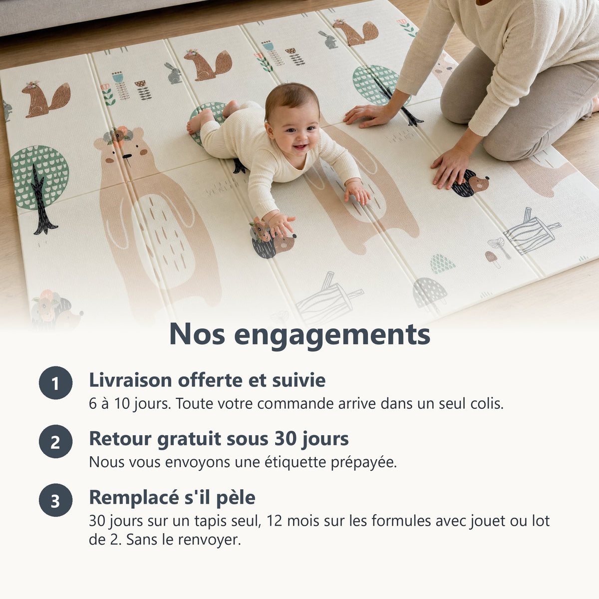 Engagements ECLOA : livraison offerte et suivie, retour gratuit sous 30 jours, tapis remplacé s'il pèle