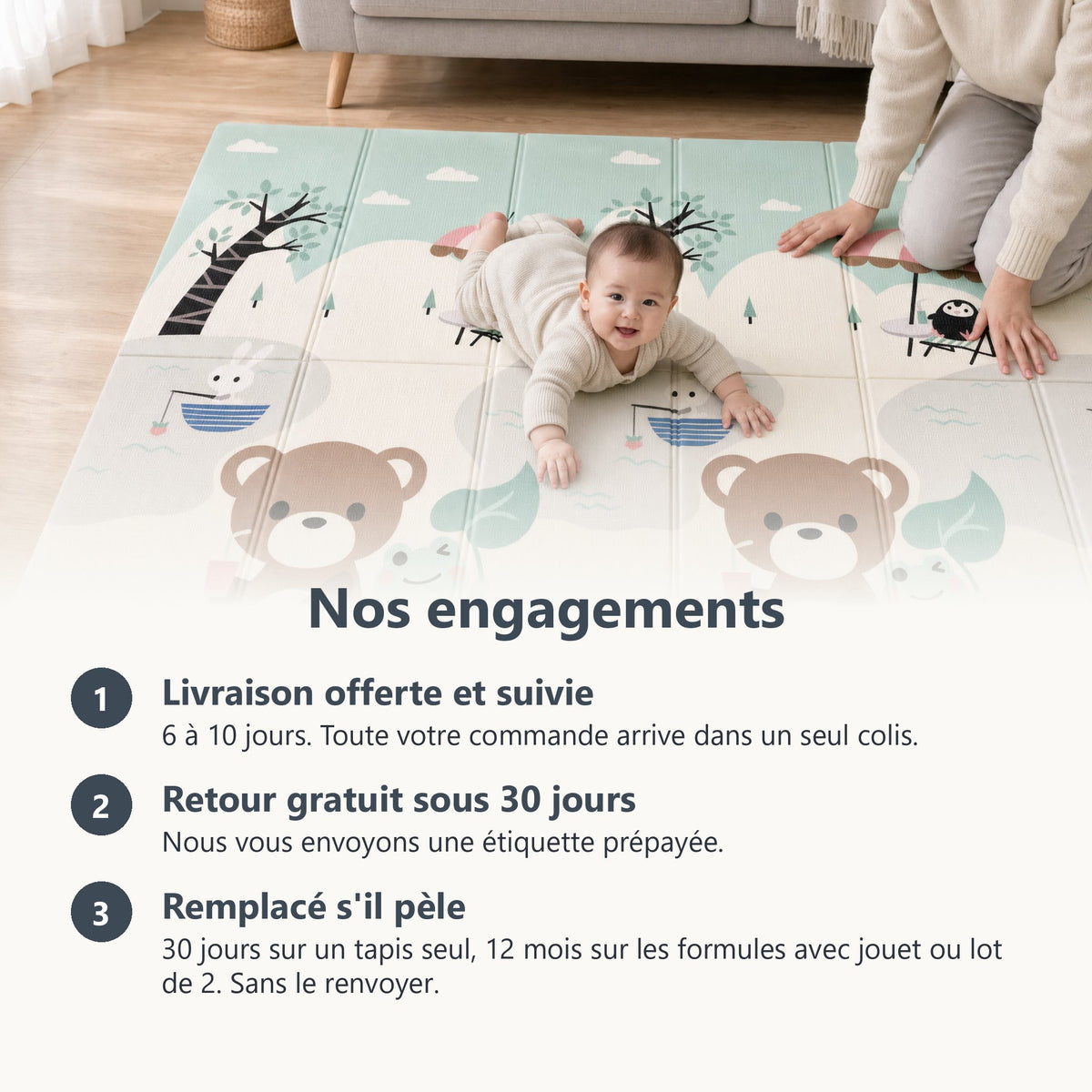 Engagements ECLOA : livraison offerte et suivie, retour gratuit sous 30 jours, tapis remplacé s'il pèle