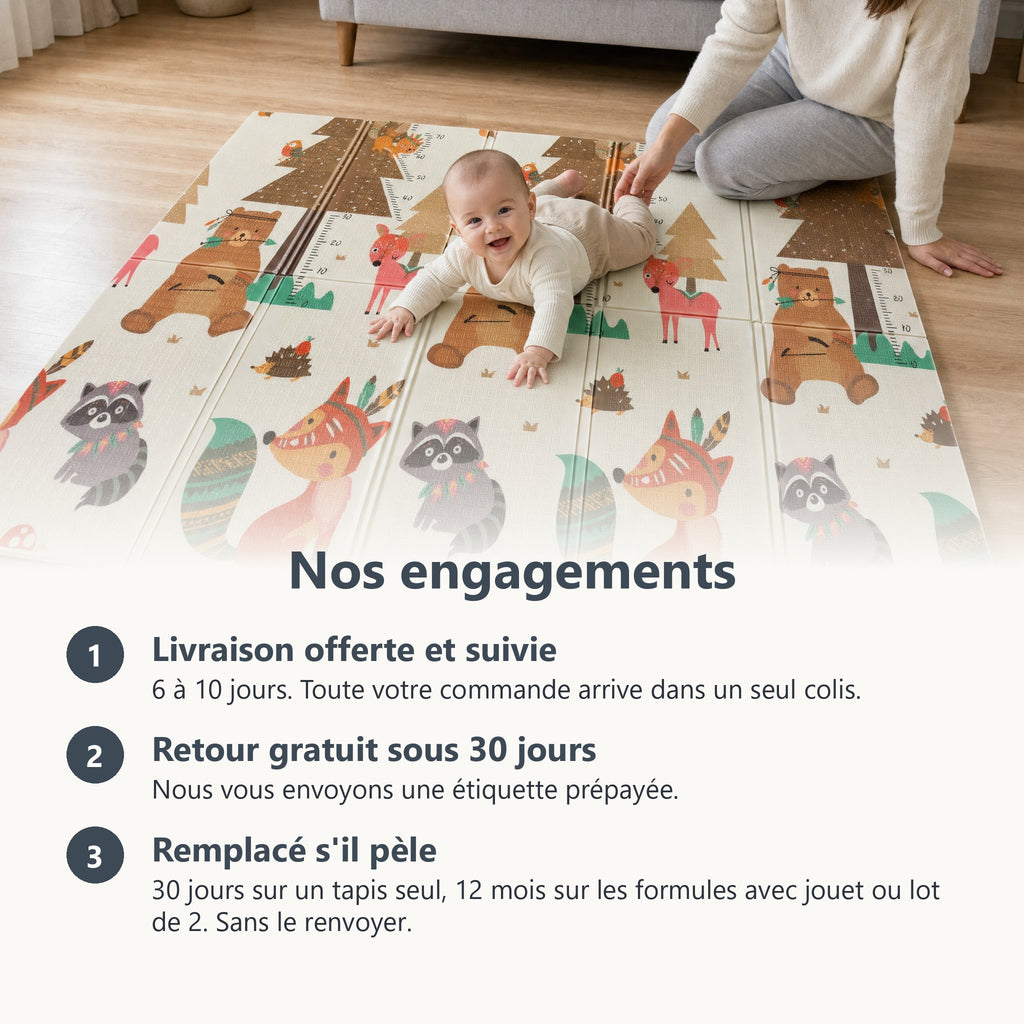Engagements ECLOA : livraison offerte et suivie, retour gratuit sous 30 jours, tapis remplacé s'il pèle