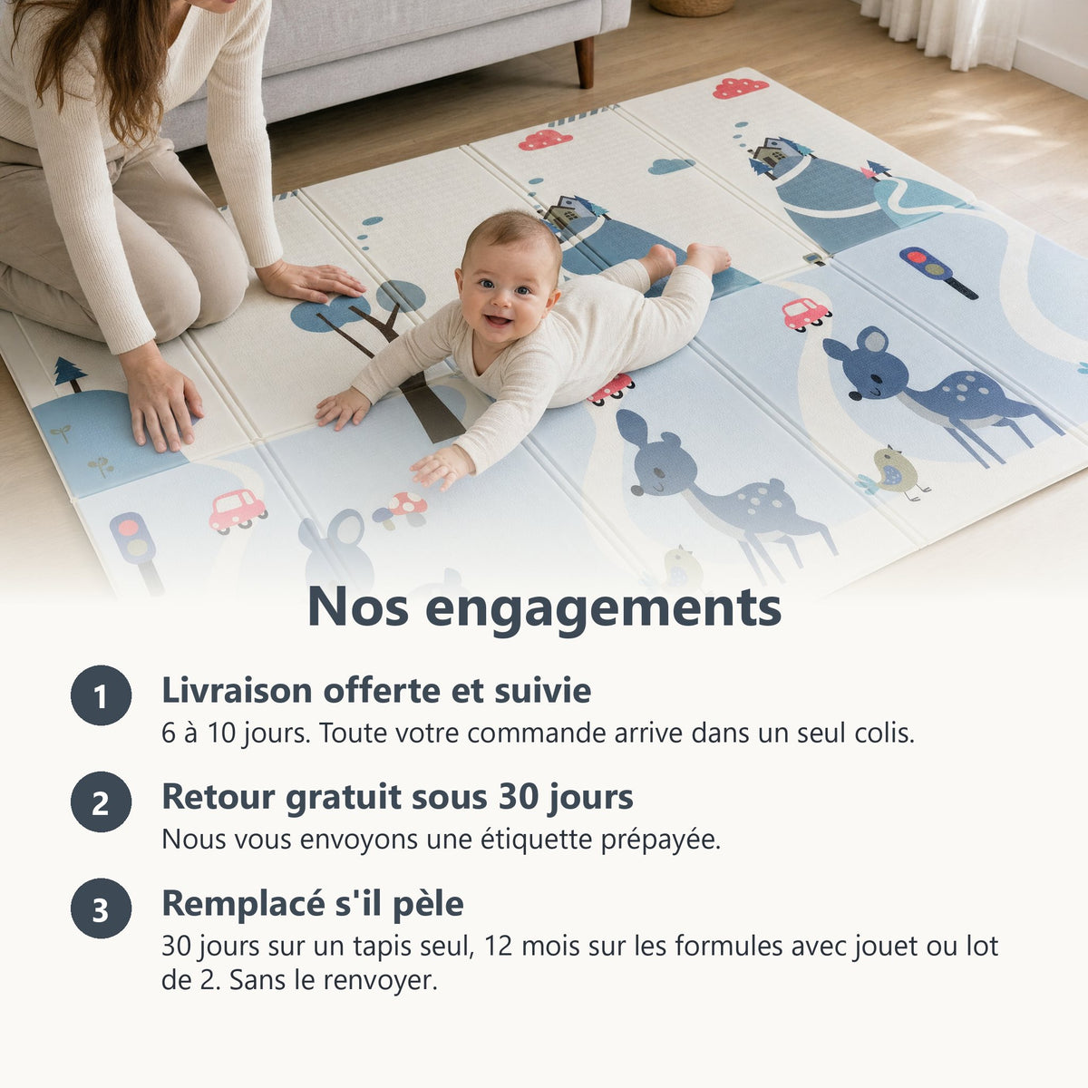 Engagements ECLOA : livraison offerte et suivie, retour gratuit sous 30 jours, tapis remplacé s'il pèle