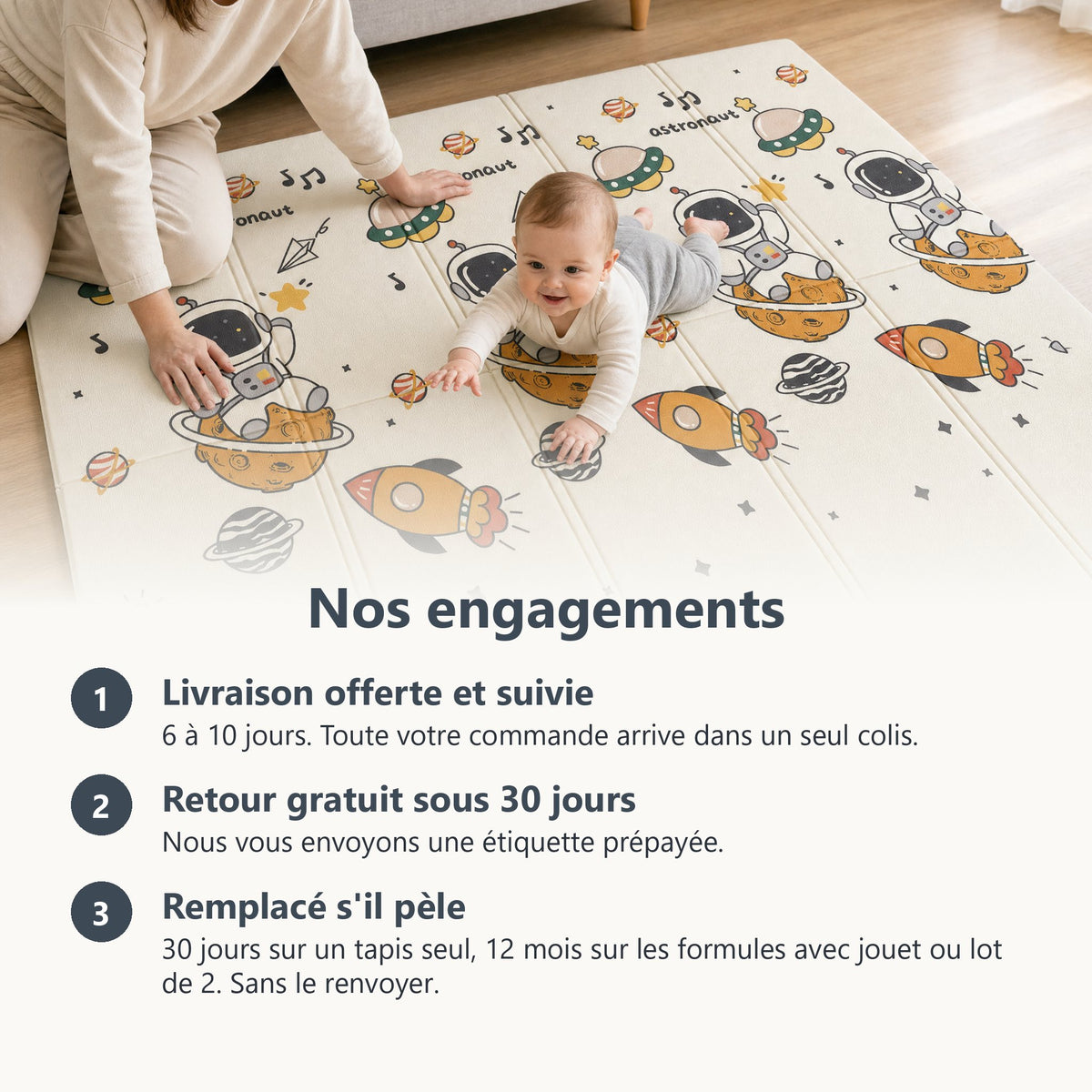 Engagements ECLOA : livraison offerte et suivie, retour gratuit sous 30 jours, tapis remplacé s'il pèle