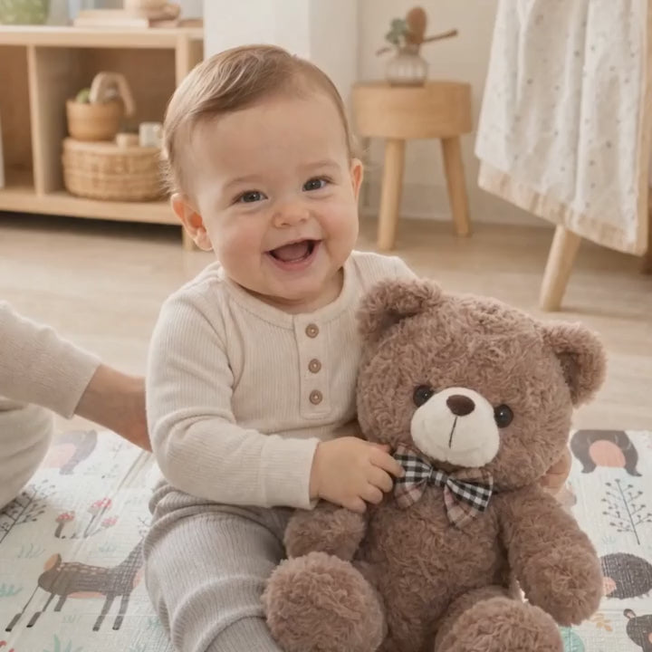 Bébé qui fait un câlin à l'ours en peluche nœud papillon sur un tapis de jeu ECLOA